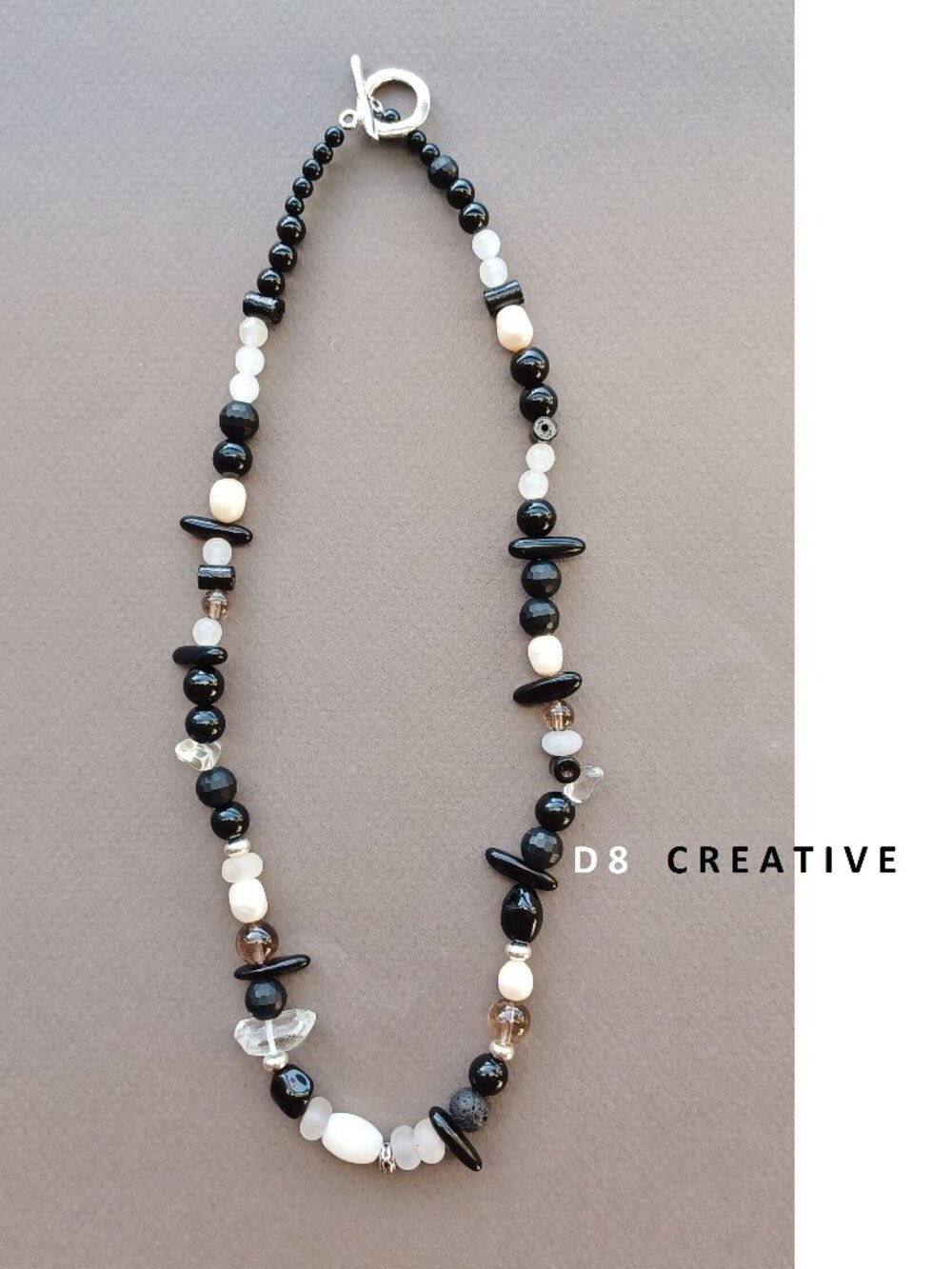 New men's black onyx with crystal quartz and mixed gemstone silver necklace
